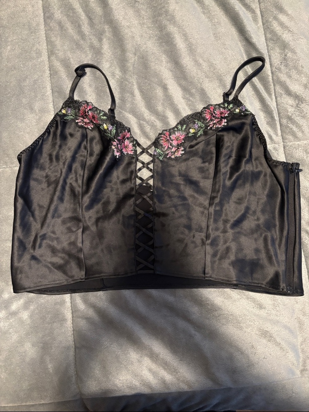 Victoria’s Secret Black Satin Lace-Up camisole with Pink Floral Embroidery XL